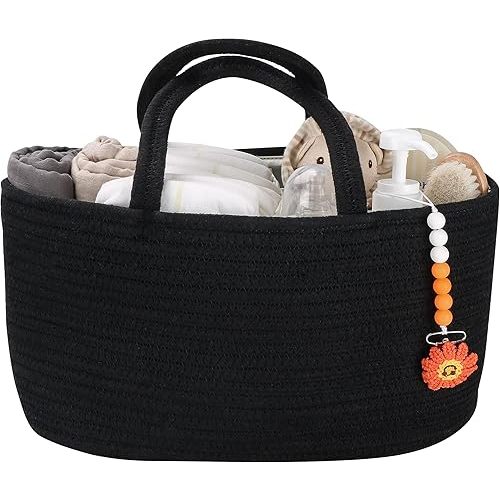 Baby Diaper Caddy Organizer for Girl Boy Cotton Rope Nursery Storage Bin Basket Portable Holder Tote Bag for Changing Table Car Travel Baby Shower Gifts Newborn Essentials Registry Must Haves Black