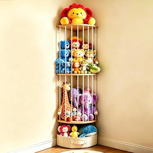 Double Layer Corner Stuffed Animal Storage Wood with Fan-Shaped Basket
