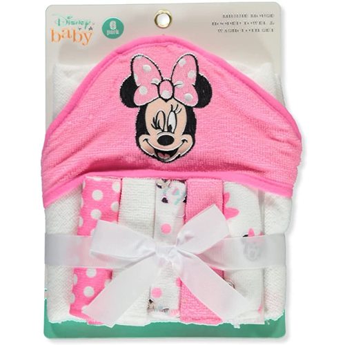 Cudlie Accessories Disney Baby Minnie Mouse Hooded Towel with 5 Piece Washcloth Set (Pink)