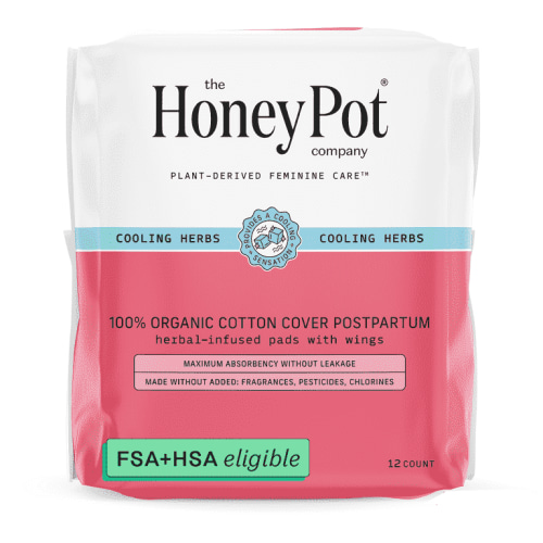 The Honey Pot Company, Feminine Herbal Post-Partum Pads with Wings, Organic Cotton Cover, 12 ct.