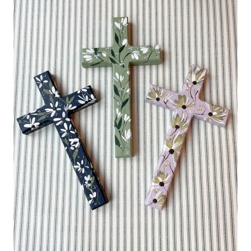 Hand Painted Modern Floral Wood Christian Cross