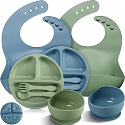 Silicone Baby Feeding Set - 14 Pack Baby Led Weaning Supplies for Toddlers,  Infant First Stage Eating Set with Suction Plates & Bowls, Bibs, Water