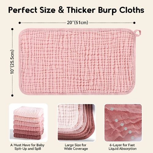 Unnivoll Muslin Burp Cloths for Baby 100% Cotton Burping Cloths for Boys Girls Large 20''X10'' Extra Soft and Absorbent 12 Pack - Gradient Pink