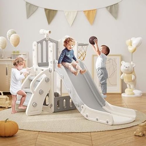 67i Toddler Slide Indoor Kid Slide for Toddlers 1-3 Outdoor Slides for Kids Plastic Baby Slide Playset with Climber Toddler Playground with Basketball Hoop and Ball Telescope (Small-Beige Grey)
