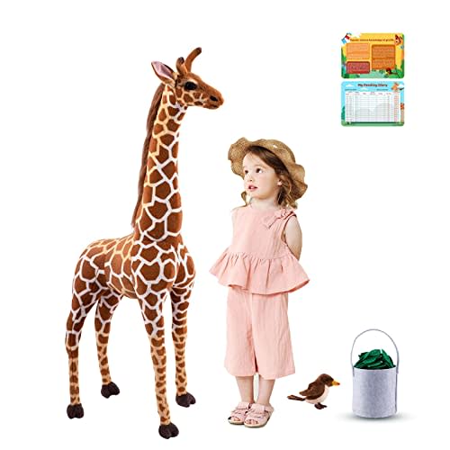 BRINJOY Giant Stuffed Giraffe Animal Set, 47 Inch Large Giraffe Plush Toy for Kids with Bird & Basket & Leaves & Card, Toddler Lifelike Standing Toys Stuffed Animal Gift for Girls Boys