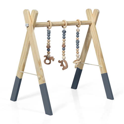 Costway Activity Play Wooden Baby Gym, Foldable with 3 Teething Toys, Gray