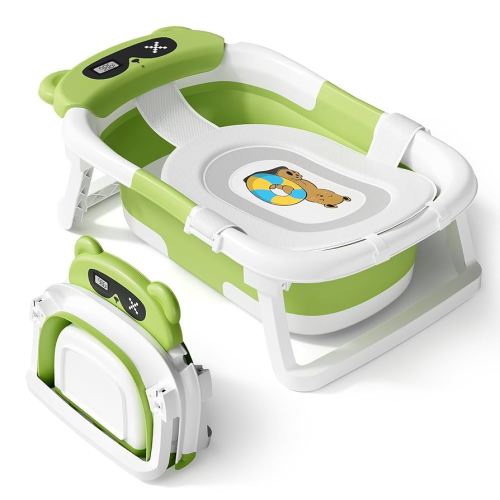 AVIDOR Baby Bathtub,Collapsible Bathtub for Newborn to Toddler,Durable Essential Infant Bath Tub,Portable Travel Baby Tub with Soft Cushion,No-Slip Hanging and Detachable(Green)