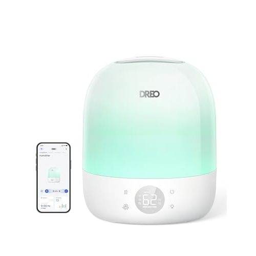 DREO Humidifiers for Bedroom - 30H Max Runtime & RGB Night Light & Sleep Trainer, Ultra Quiet 28dB Cool Mist Humidifier, Top Fill Smart Air Humidifier for Plants, Perfect for Baby & Nursery, HM409S