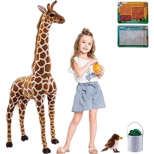 47” Large Giraffe Stuffed Animal Set, Giant Giraffe Plush Toys w/Birds, Leaves, Basket, Tall Giraffe Toy Standing Lifelike Stuffed Giraffe Gift for Kids Nursery Baby Shower Party