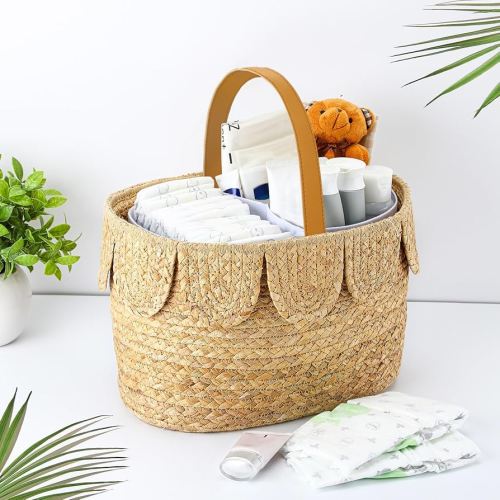 Baby Diaper Caddy Organizer Scalloped Rattan Basket with Handle Wicker Woven Scalloped Diaper Caddy Basket Nursery Storage for Baby Shower Gifts