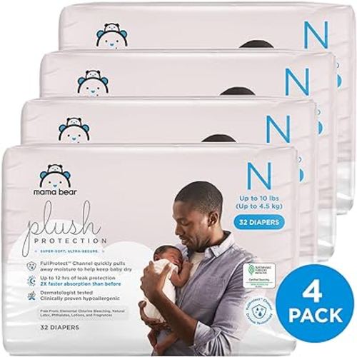 Amazon Brand - Mama Bear Plush Protection Diapers - Size Newborn, One Month Supply, Hypoallergenic Premium Disposable Baby Diapers, 128 Count (Pack of 4), White and Cloud Dreams