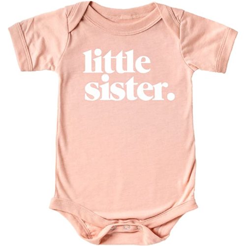 Olive Loves Apple Little Sister Bodysuit for Baby Girls Sibling Outfit - White on Peach Bodysuit - 6 Months
