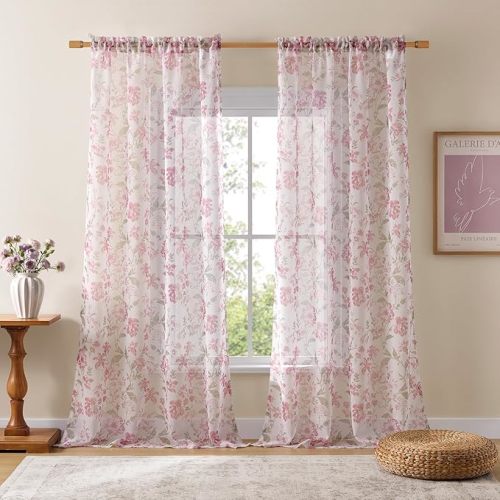 Pink Floral Curtains 96 Inches Long 2 Panels for Living Room Dining Room Modern Garden Theme Light Filtering Rod Pocket French Romantic Flower Sheer Curtains for Window Drapes Privacy Decor, 52x96