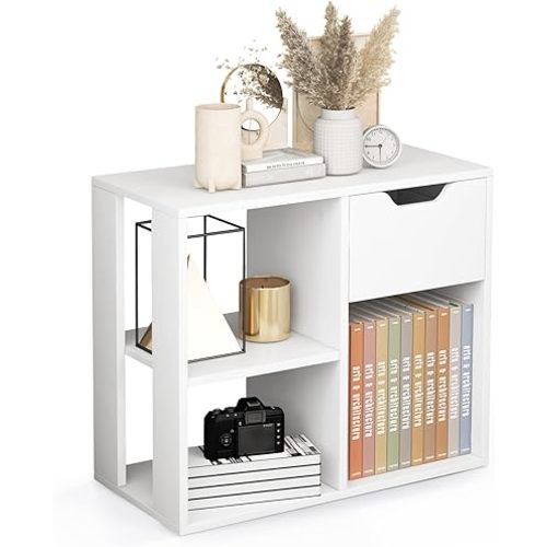 Giantex 3 Cube Bookcase with Drawer, 2 Tier Bookshelf for Small Space, Modern Freestanding Display Rack with Open Shelves, White Book Case, Wood Cube Storage Organizer Bedroom Living Room