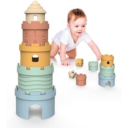Silicone Castle Stacking Toy, Soft Teether, Montessori Educational Toy, 6+ Months, BPA Free, 5 Piece Set