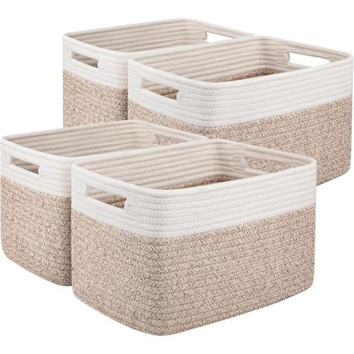 OIAHOMY 4 Pack Storage Baskets for Organizing, Basket for Shelves with Handle, Woven Baskets for Storage Toys, Towels, Books, Cotton Rope Basket 13" L x 9 " W x 7.8 " H, Brown & White