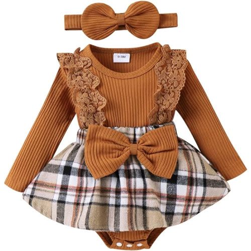 Baby Girl Clothes Fall Winter Outfit Plaid Romper Long Sleeve Dress Lace Ruffles Bodysuit with Bow Headband