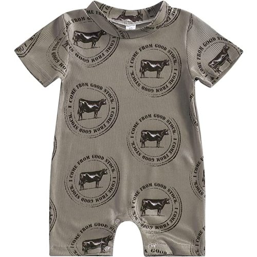 Muasaaluxi Western Baby Girl Boy Clothes Short Sleeve Cow Print Romper One Piece Bodysuit Shorts Summer Outfit - Grey