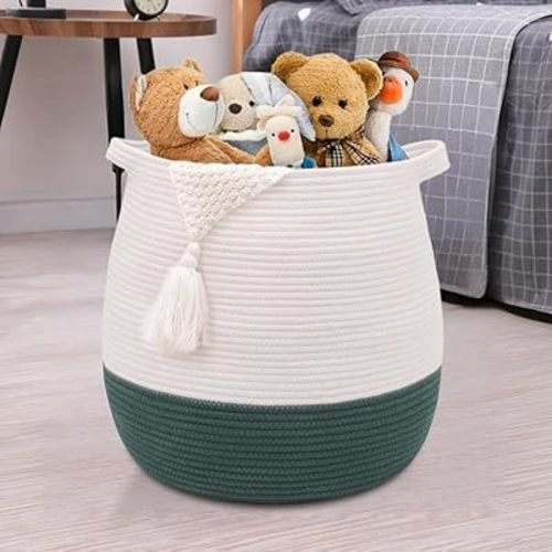 Large Cotton Rope Basket, Woven Storage Basket for Toy, Laundry and Blanket Organizer Basket, Round Hamper Basket with Handles for Kid's Room 17.7"x16.9"