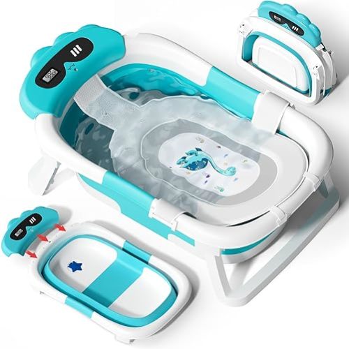 AVIDOR Baby Bathtub,Collapsible Bathtub for Newborn to Toddler,Durable Essential Infant Bath Tub,Portable Travel Baby Tub with Soft Bath Net,No-Slip Feet and Dinosaur Shaped (Light Blue)