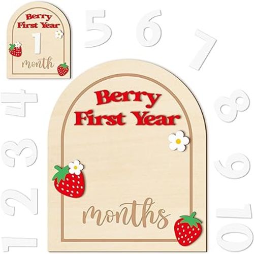 R HORSE Baby Monthly Milestone Cards, 14Pcs 3D Strawberry Wooden Monthly Milestone Discs with Number Cards, Newborn Months Signs Announcement Baby Shower Photo Props Gifts for Girls Boys