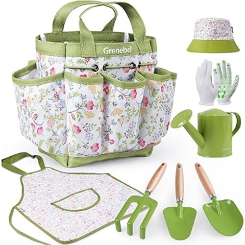 Kids Gardening Set Toys, Quality Garden Tool Kit for Kids and Toddlers, Includes Two Shovels, Garden hat,Rake, Apron,Gloves, Watering Can, and Tool Bag (Green)