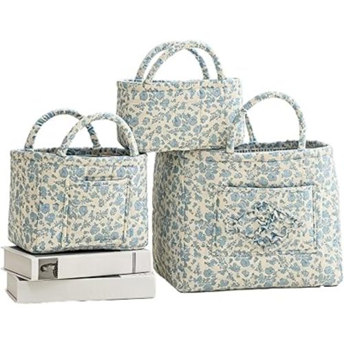 Storage Basket Boho Fabric 3pcs Collapsible Floral Laundry Nursery Hamper Portable Folding Storage for Clothes Toys