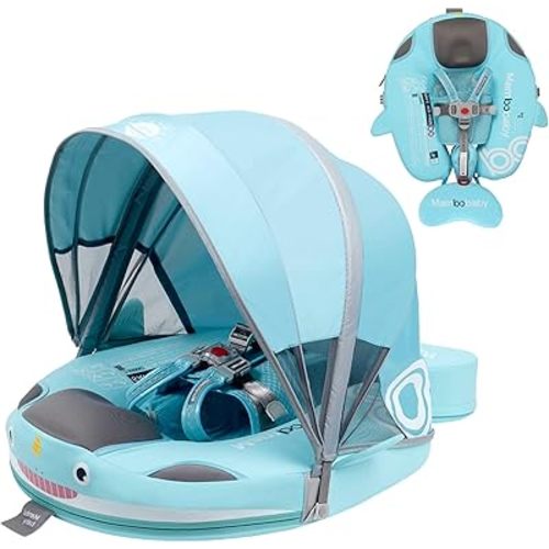 Non-Inflatable Mambobaby Float with Canopy, UV-Protective Baby Swimming Float with Safety Buckle, Anti-Flip Tail Swim Trainer Infant Pool Floats (O04NGreen-O04NGCTRURBKMH01O04)
