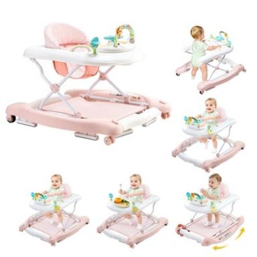 VEVOR 5-in-1 Baby Walker, Folding Baby Activity Center on Wheels, Height Adjustable, Anti-Rollover Toddler Walking Helper for 6-24 Month Kids, Pink
