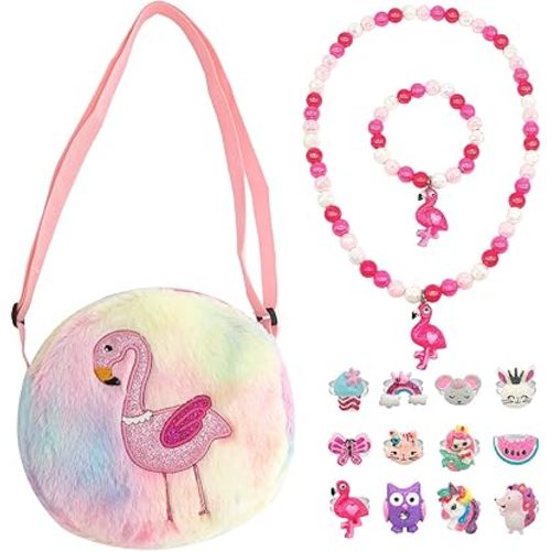 Elesa Miracle Little Girl Plush Purse Handbag Kids Necklace Pretend Play Toy Playset Jewelry Crossbody Purse for Children Toddler Baby Girls, Flamingo
