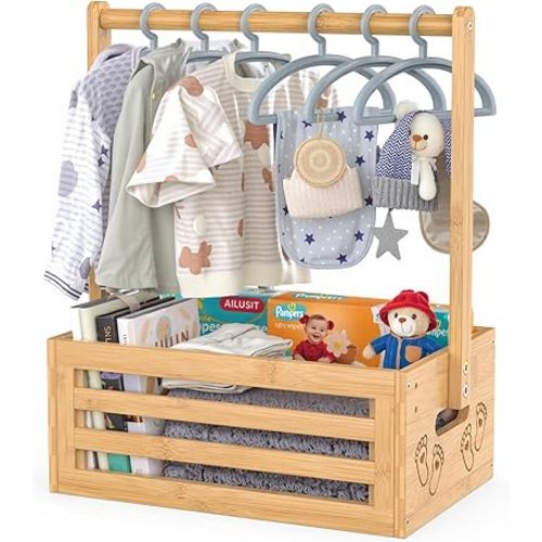 Baby Shower Crate Closet, Baby Baskets with Hangers Handle, Baby Crate Box for Baby Shower, Welcome Gift Basket for Newborn Baby, Pregnancy Gift for New Parents (Natural, Small Size)