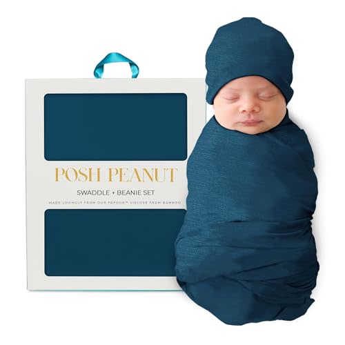 Posh Peanut Swaddle Blanket + Beanie Set - Soft Newborn Swaddle Doubles As a Stroller, Receiving Blanket & Nursing Cover - Matching Breathable Baby Swaddles & Beanies for Everyday (Sailor Blue)
