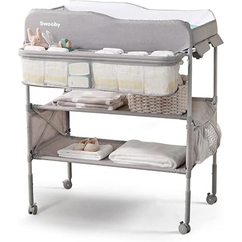 Sweeby Portable Baby Changing Table, Foldable Changing Table Dresser Changing Station for Infant, Waterproof Diaper Changing Table Pad Topper, Mobile Nursery Organizer for Newborn Essentials (Grey)