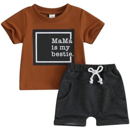 Toddler Boys Summer Outfits Mamas Boy Checkerboard Short Sleeve T-Shirts Tops and Elastic Waist Shorts Clothes Sets