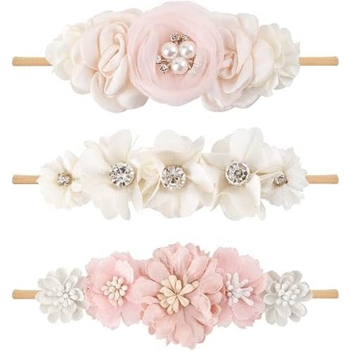 cherrboll 3pcs Baby Girl Flower Headbands, Super Soft & Stretchy Nylon Floral Hairbands for Newborn Toddler