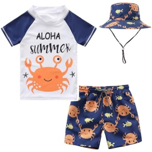 Baby Boys Swimsuit, 3-Piece Toddlers Swimsuit Trunk Long Sleeve Rashguard Swimwear and Sun Hat Set
