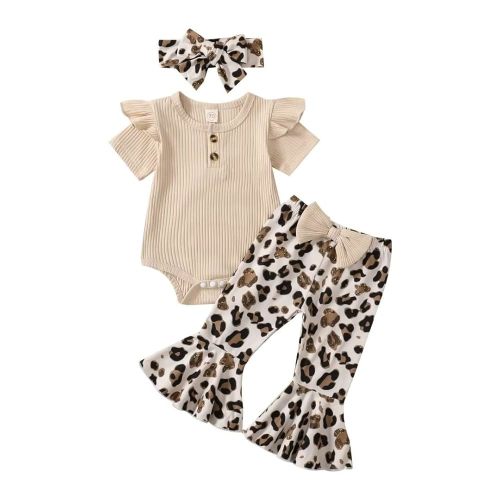 Baby Girl Clothes Infant Rib Button Short Sleeve Romper Leopard Flared Pants Headband Summer Clothing Set 3pcs