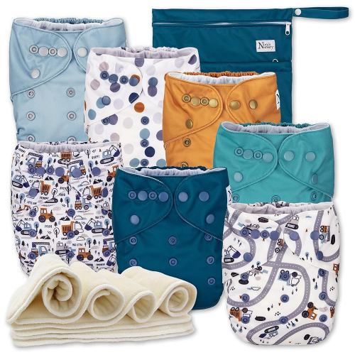 Nora's Nursery Cloth Diapers 7 Pack with 7 Inserts & 1 Wet Bag - Waterproof Cover, Washable, Reusable & One Size Adjustable Pocket Diapers for Newborns and Toddlers - Mighty Trucks