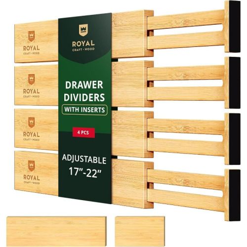 Adjustable Bamboo Drawer Dividers Organizers (17 - 22") - 4-Pack Expandable Drawer Organization Separators for Kitchen & More - Royal Craft Wood