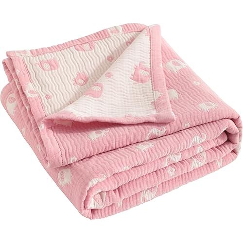 NTBAY 3 Layer Muslin Cotton Toddler Blanket, Jacquard Reversible Nursery Bed Blanket, Super Soft and Thermal for All Seasons, Decoration Gift, 30"x40", Pink Elephant