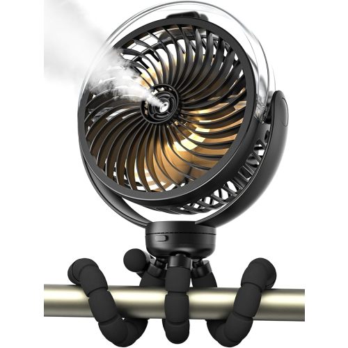 Misting Stroller Fan, 6000mAh Battery Operated Portable Fan with Light & 360° Pivoting, Personal Fans with Flexible Tripod for Baby, Office, Travel,Treadmill,Outdoors