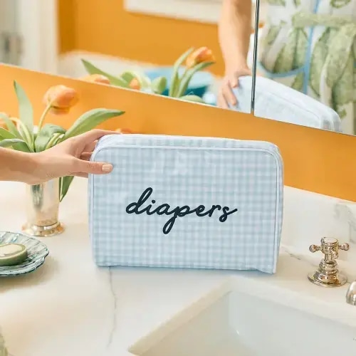 Large Patterned Toiletry Bag | Weezie Towels Color: Light Blue Gingham