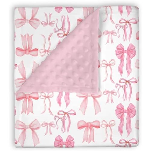 Mink Baby Girls Blankets Watercolor Pink Bows, Cute Ribbon Bowknot Soft Double Layer Dotted Backing Receiving Swaddle, Newborn Infant Toddler Nursery Crib Bedding Shower Gift 30
