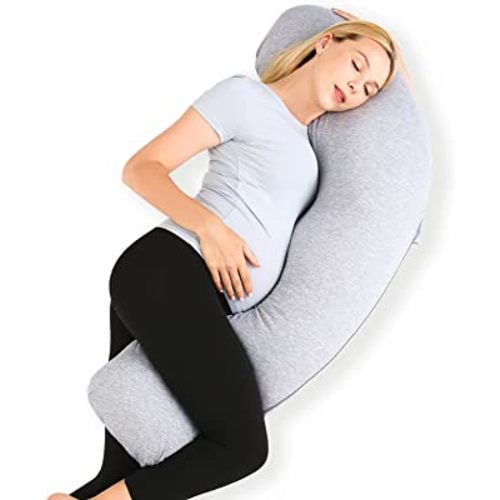 Momcozy Pregnancy Pillows for Side Sleeping, J Shaped Maternity Body Pillow for Pregnancy, Soft Pregnancy Pillow with Jersey Cover for Head Neck Belly Support, Grey