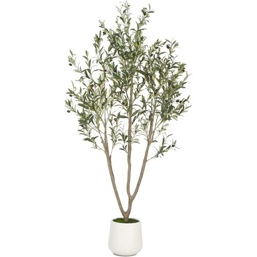 Olive Trees Artificial Indoor, 6FT Tall Faux Olive Tree with White Tall Planter, Artificial Plants with Natural Wood Trunk and Lifelike Fruits for Home Office Decor
