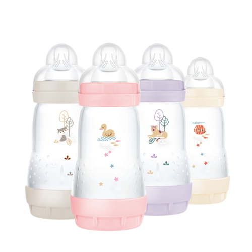 MAM 9oz Easy Start Anti-Colic Baby Bottles, Medium Flow Nipple, Breastfeeding-Like Silicone, Reduces Colic and Gas, Easy-to-Clean, BPA-Free, 2 Plus Months, Baby Boy Multi, 4 Count