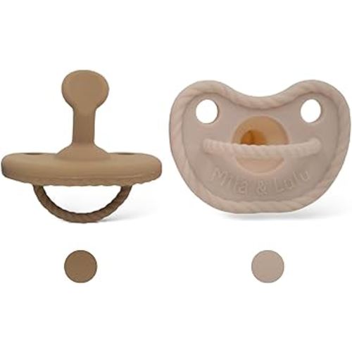 Mila & Lulu Orthodontic Silicone Pacifiers (Set of 2) – 100% Food-Grade, One-Piece Design, Soft Orthodontic Nipple, Airflow Shield, Multi-Use Pacifier & Teether for 0+ Months - Hazel/Beige