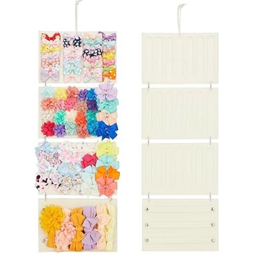 Bow Organizer for Baby Girls, Hanging Hair Bow Holder Organizer, Hair Accessories Storage for Hair Clips, Hair Bows, Headbands, Hair Claws and More(4-Panel, Beige)