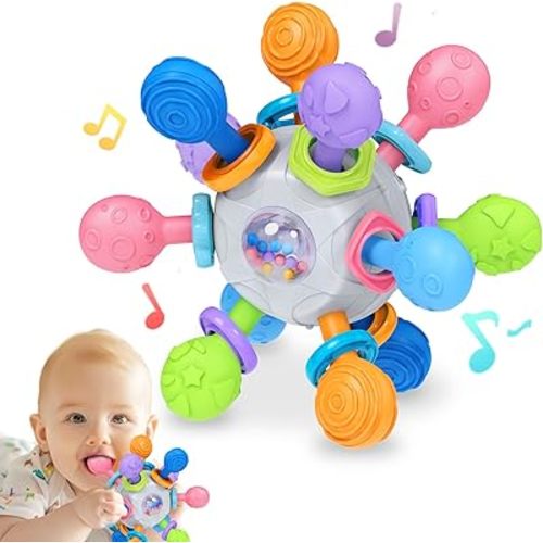 Baby Montessori Teething Toys 0-6 6-12 Month, Food Grade Baby Rattle Chew Sensory Teething Toys, Newborn Infant Learning Developmental Toys Birthday Gifts for Boys Girls - White