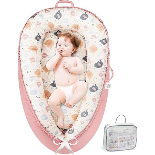 Baby Lounger - Infant Lounger for Newborn 0-24 Months, Pure Cotton Breathable Baby Nest Cover, Newborn Essentials for Baby Boys&Girls, Portable Baby Bed for Home and Travel(Elephant)
